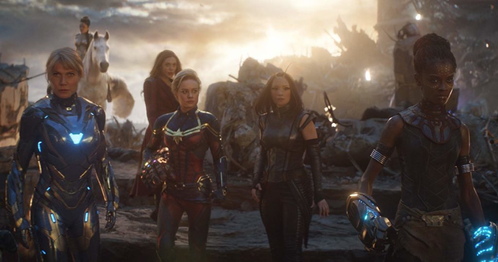 Pepper Potts, Valkyrie, Scarlet Witch, Captain Marvel, Mantis, and Shuri combine forces for a girl power moment in AVENGERS: ENDGAME (2019)