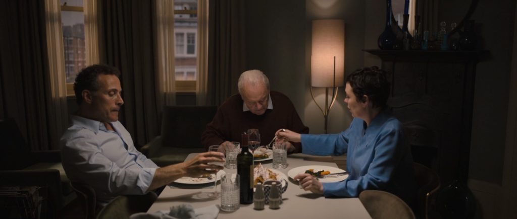 Rufus Sewell, Anthony Hopkins, and Olivia Colman in THE FATHER (2020)