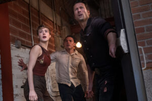 (from left) Kate (Daisy Edgar-Jones), Javi (Anthony Ramos) and Tyler (Glen Powell) in Twisters, directed by Lee Isaac Chung.