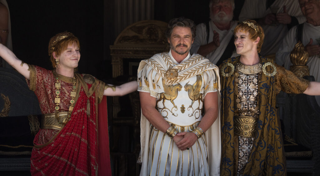 Fred Hechinger plays Emperor Caracalla, Pedro Pascal plays General Acacius and Joseph Quinn plays Emperor Geta in Gladiator II from Paramount Pictures.